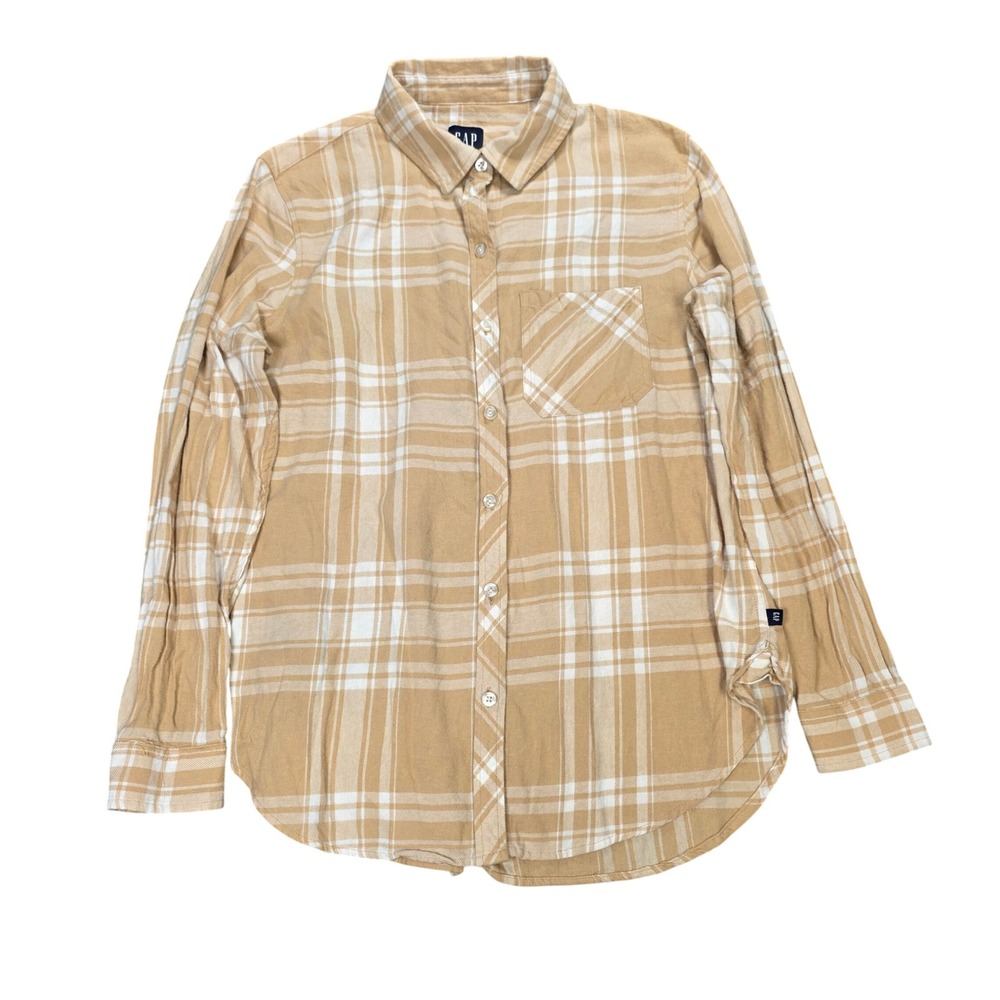Gap Flannel Button Down Shirt Women's Size M Tan White Plaid Long Sleeve‎ Cotton
